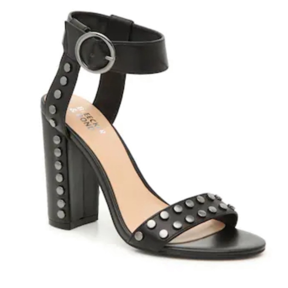 Bleeker & Bond Carmen Leather Studded Block Heel Ankle Strap Sandal Black Sz 10